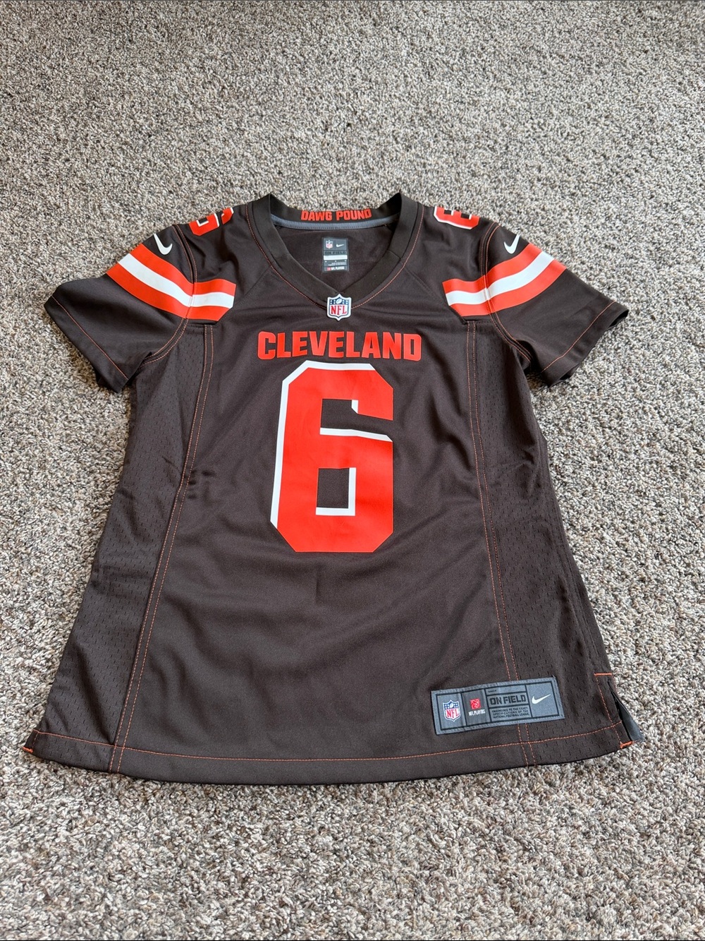 Nike Women's Brown Cleveland #6 Mayfield Football Jersey with Orange Accents M